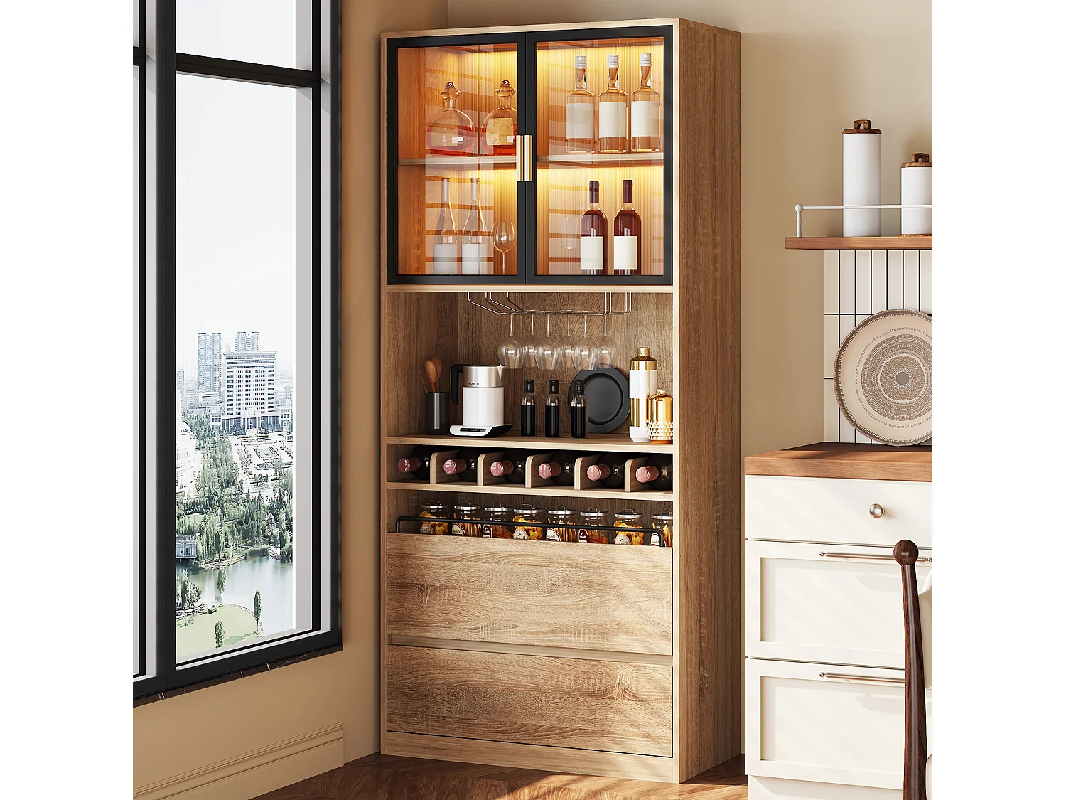 Vitrine 80x40x180 cm com LED - 2 portas e 2 gavetas - prateleiras abertas - Natural