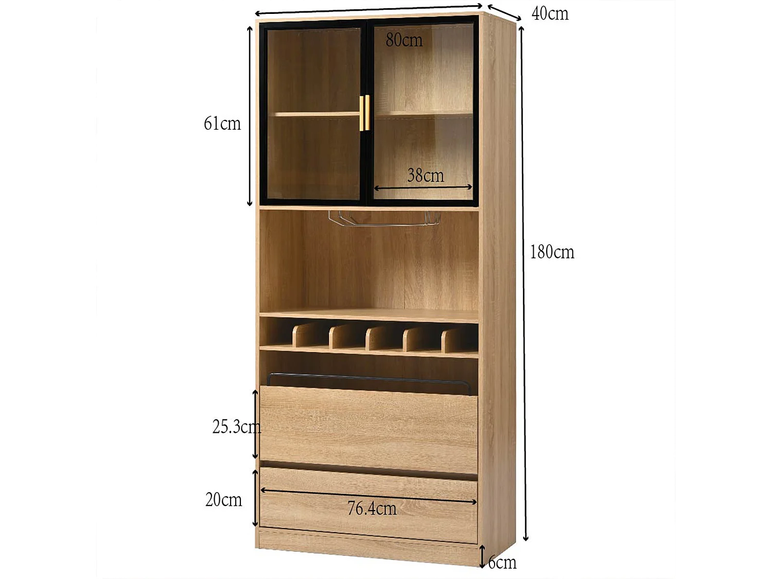 Vitrine 80x40x180 cm com LED - 2 portas e 2 gavetas - prateleiras abertas - Natural