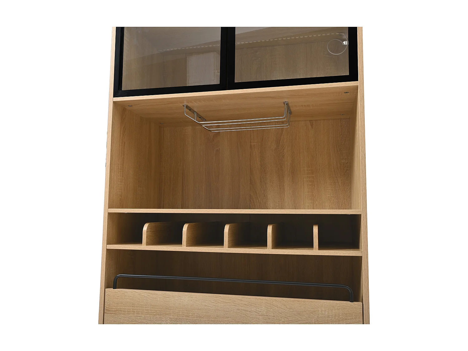 Vitrine 80x40x180 cm com LED - 2 portas e 2 gavetas - prateleiras abertas - Natural