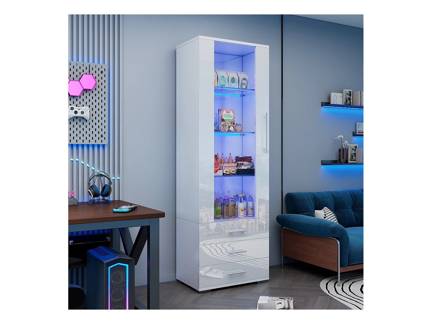 Vitrine brillante - avec LED - 3 tiroirs et étagères - 60x35x180cm - MDF - Blanc