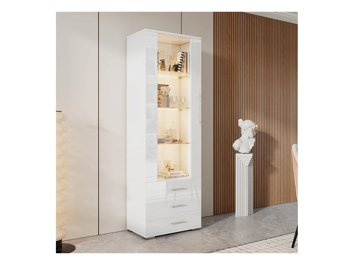 Vitrine brillante - avec LED - 3 tiroirs et étagères - 60x35x180cm - MDF - Blanc