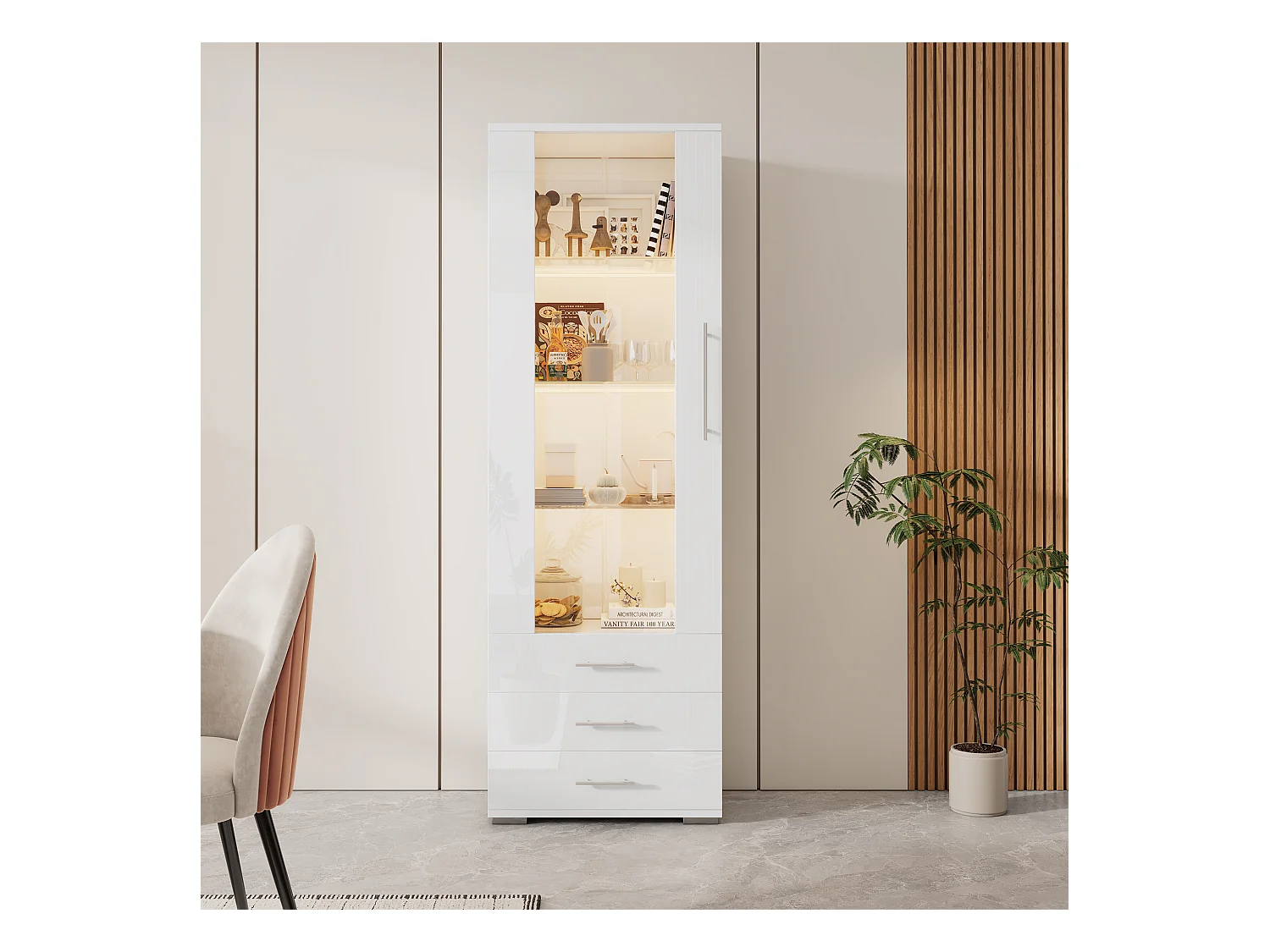 Vitrine brillante - avec LED - 3 tiroirs et étagères - 60x35x180cm - MDF - Blanc
