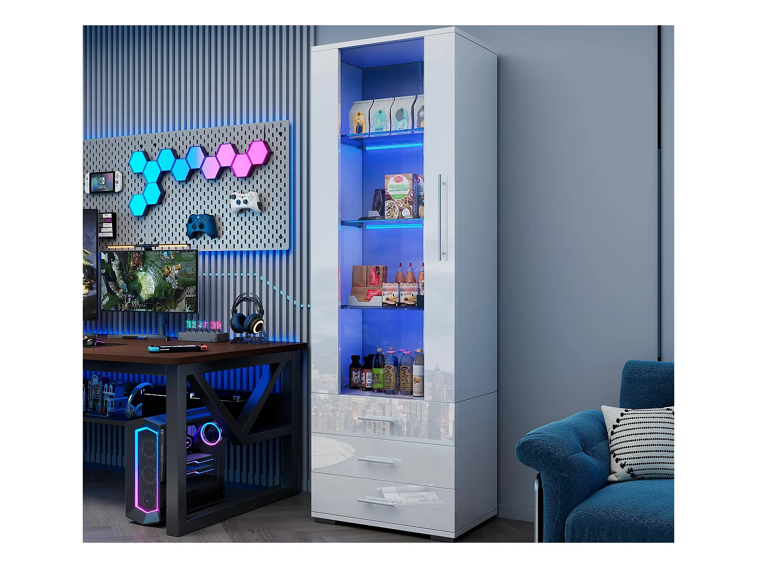 Vitrina brillante - con LED - 3 cajones y estantes - 60x35x180 cm - MDF - Blanco