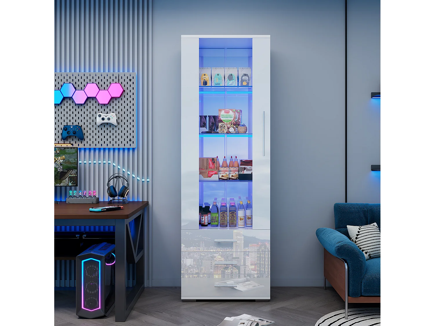 Vitrine brillante - avec LED - 3 tiroirs et étagères - 60x35x180cm - MDF - Blanc