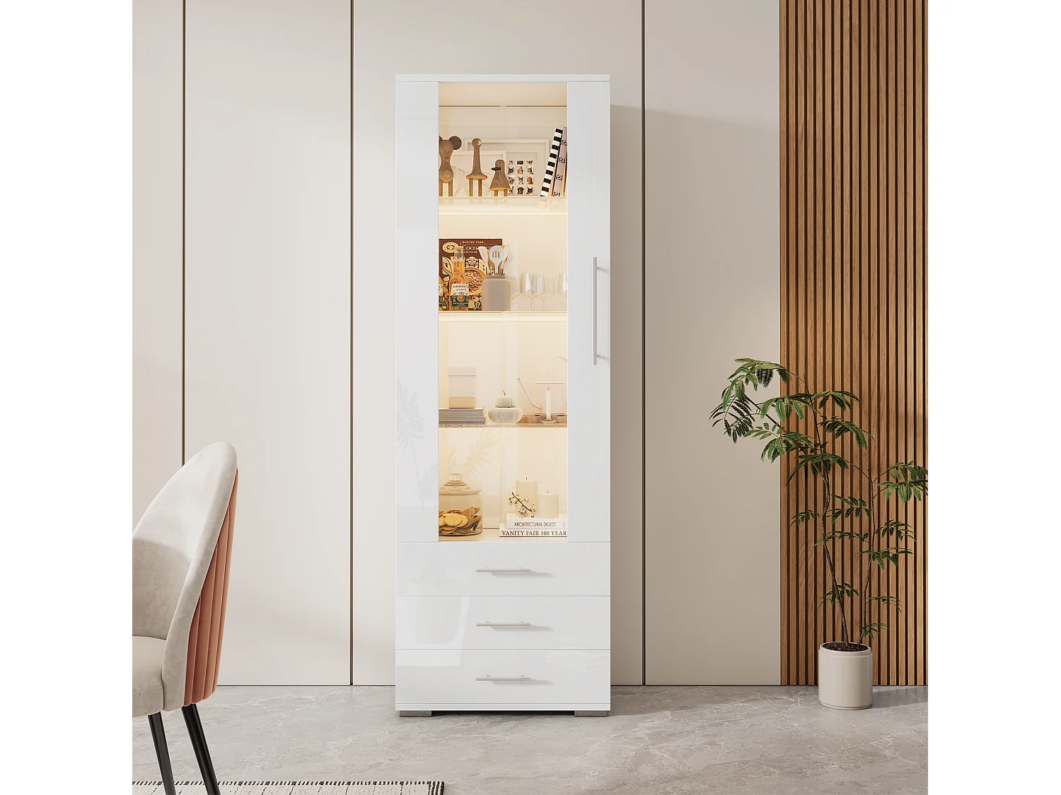 Vitrine brillante - avec LED - 3 tiroirs et étagères - 60x35x180cm - MDF - Blanc