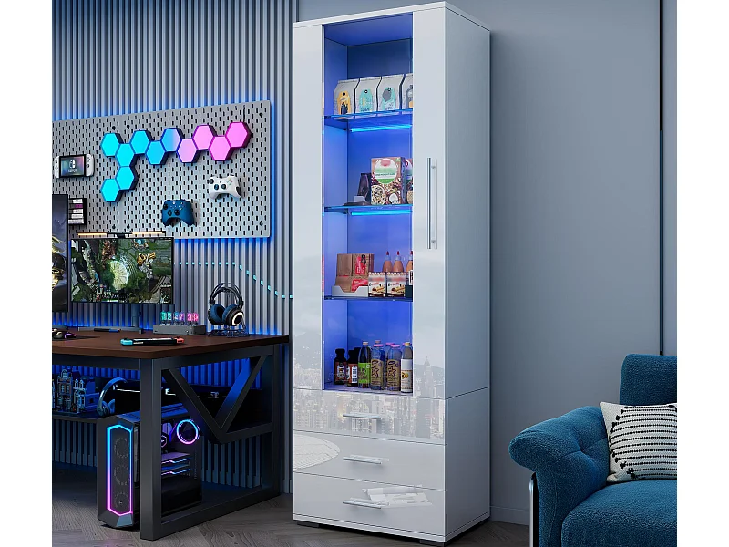 Vitrine brillante - avec LED - 3 tiroirs et étagères - 60x35x180cm - MDF - Blanc