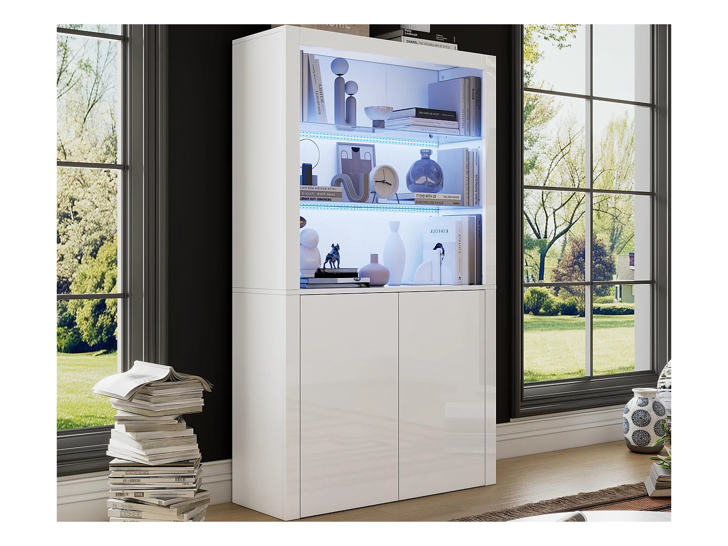 Buffet haute de salon 100x35x170cm- vitrines avec éclairage LED - plateau en verre trempé - Blanc