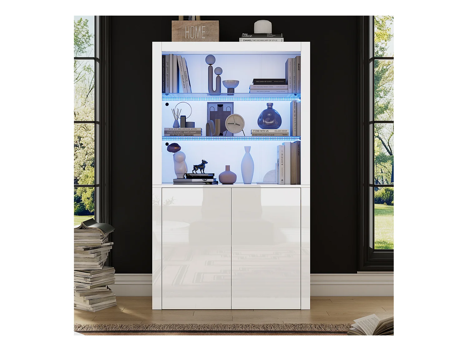 Buffet haute de salon 100x35x170cm- vitrines avec éclairage LED - plateau en verre trempé - Blanc