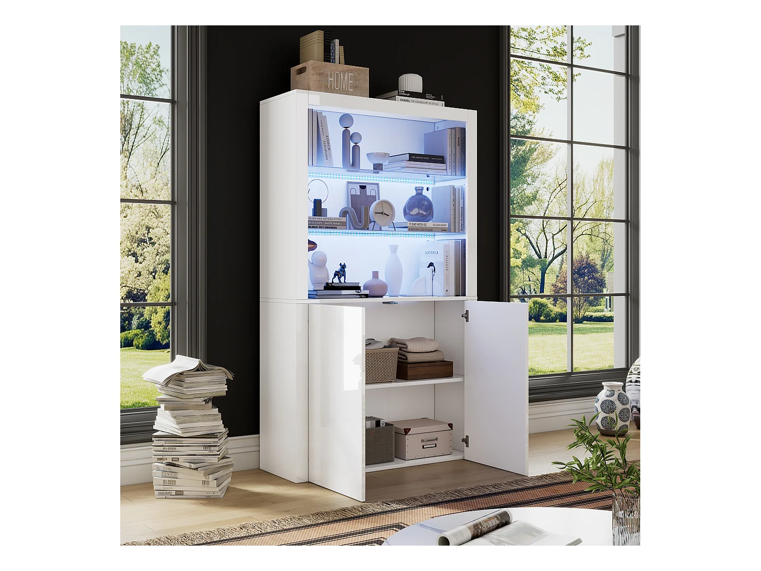 Buffet haute de salon 100x35x170cm- vitrines avec éclairage LED - plateau en verre trempé - Blanc