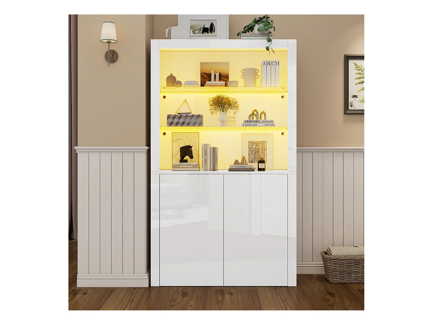 Buffet haute de salon 100x35x170cm- vitrines avec éclairage LED - plateau en verre trempé - Blanc