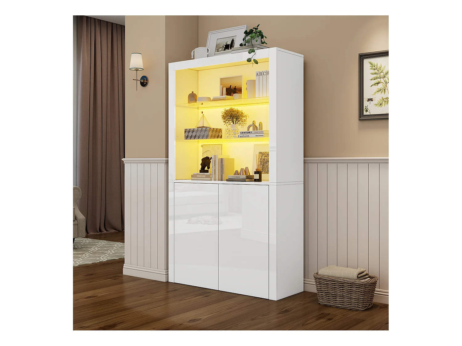 Buffet haute de salon 100x35x170cm- vitrines avec éclairage LED - plateau en verre trempé - Blanc