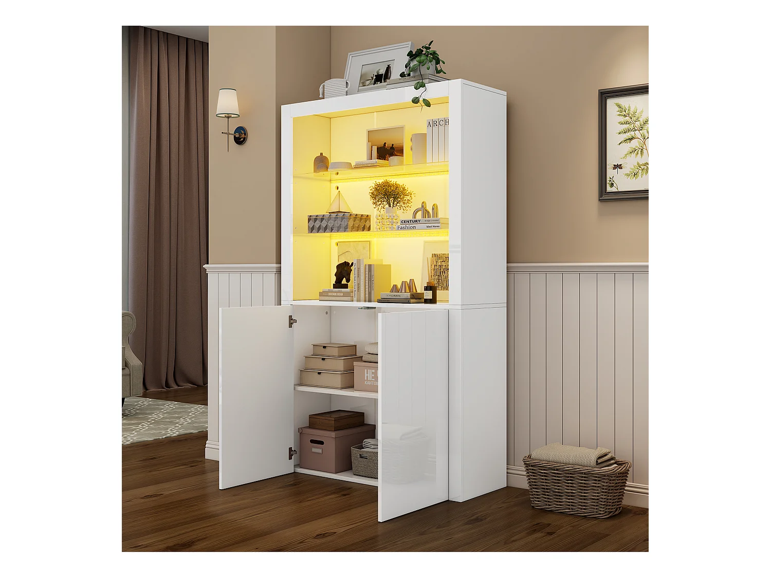 Buffet haute de salon 100x35x170cm- vitrines avec éclairage LED - plateau en verre trempé - Blanc