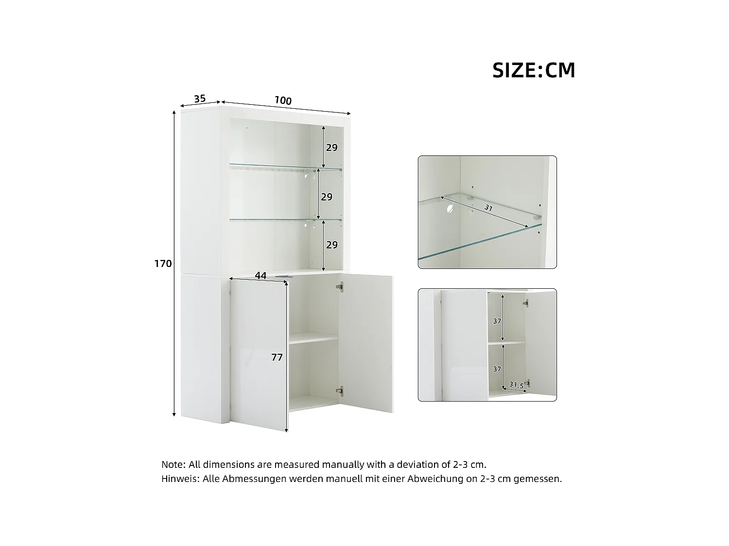 Buffet haute de salon 100x35x170cm- vitrines avec éclairage LED - plateau en verre trempé - Blanc