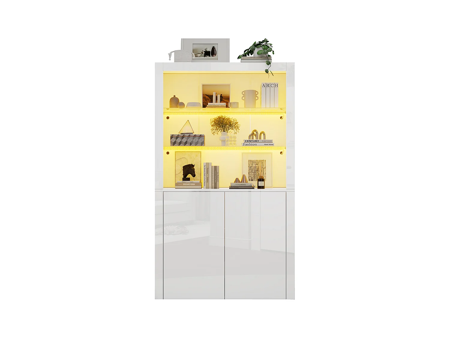 Buffet haute de salon 100x35x170cm- vitrines avec éclairage LED - plateau en verre trempé - Blanc