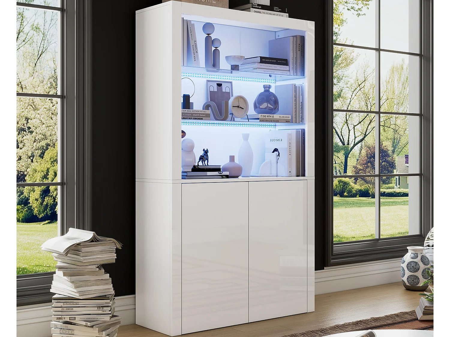 Buffet haute de salon 100x35x170cm- vitrines avec éclairage LED - plateau en verre trempé - Blanc