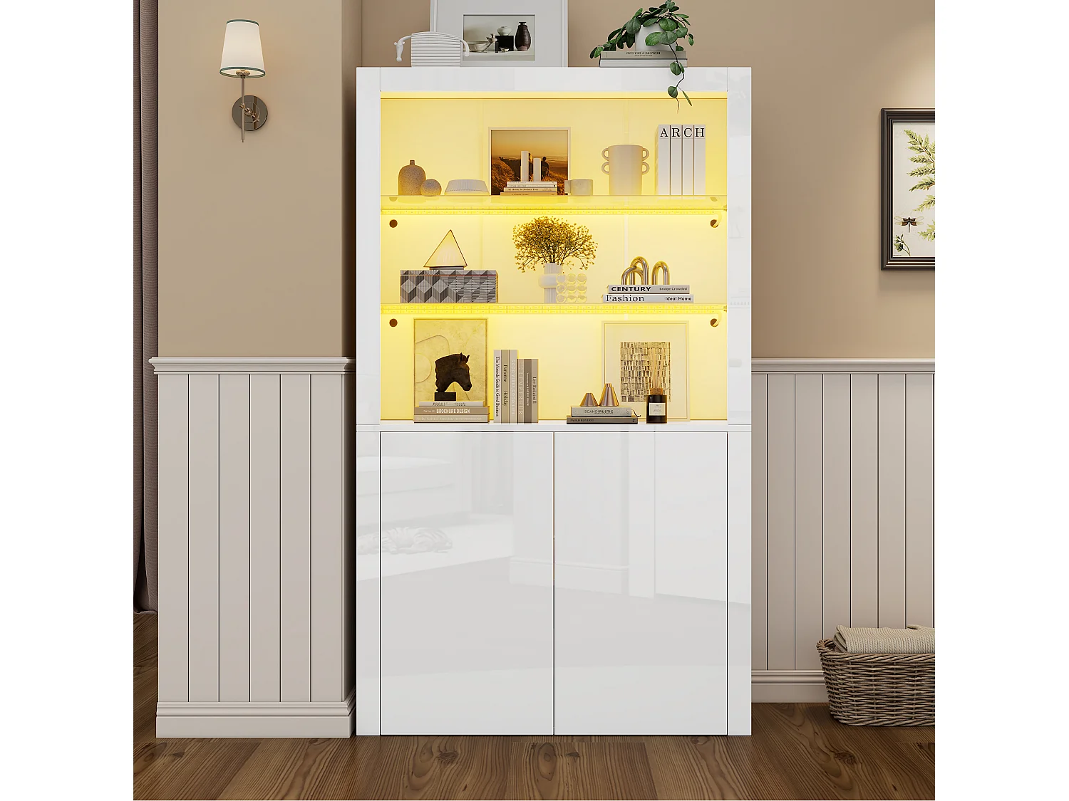 Buffet haute de salon 100x35x170cm- vitrines avec éclairage LED - plateau en verre trempé - Blanc