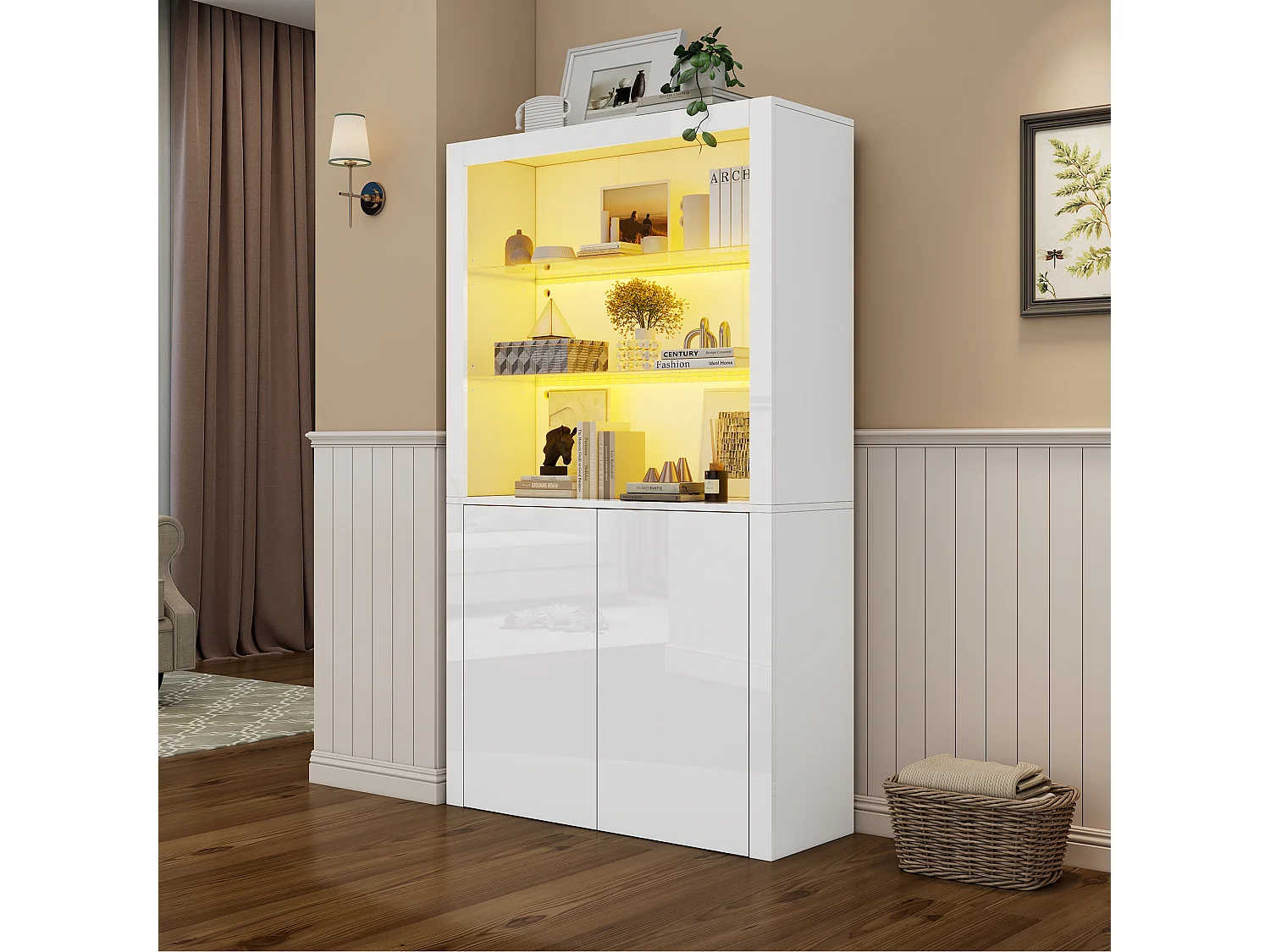 Buffet haute de salon 100x35x170cm- vitrines avec éclairage LED - plateau en verre trempé - Blanc