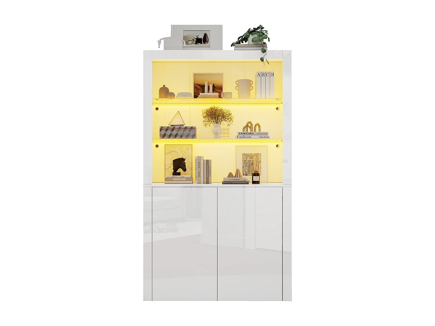 Buffet haute de salon 100x35x170cm- vitrines avec éclairage LED - plateau en verre trempé - Blanc