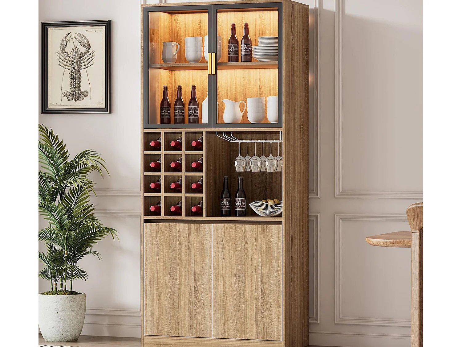 Vitrine 80x40x180 cm met LED - 4 deuren en open planken - Natuur