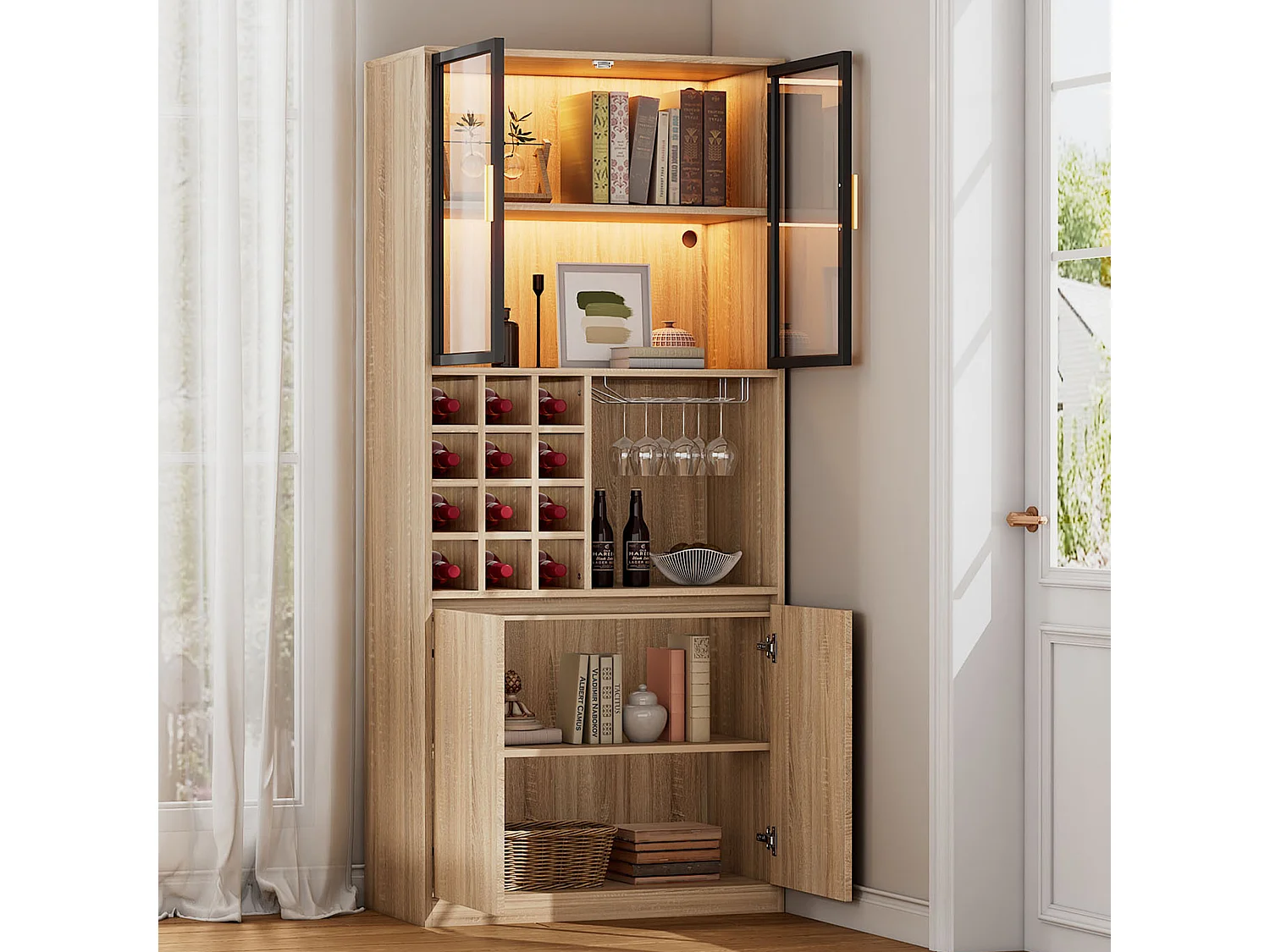 Vitrine 80x40x180 cm met LED - 4 deuren en open planken - Natuur