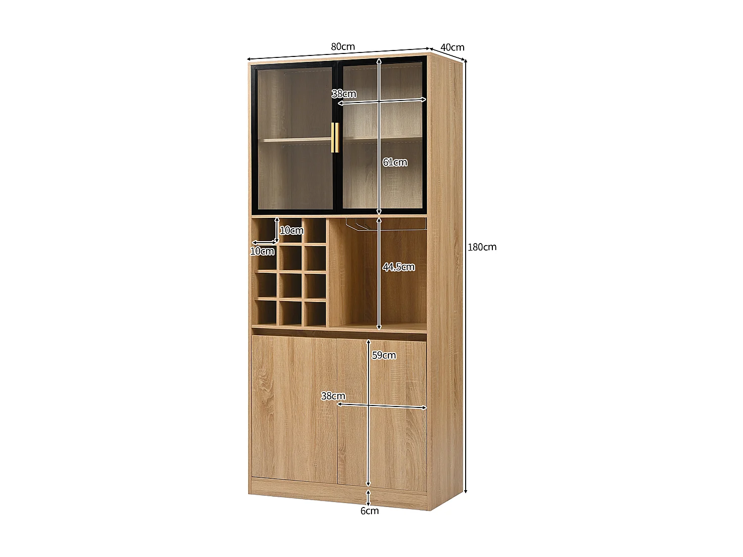 Vitrine 80x40x180 cm met LED - 4 deuren en open planken - Natuur