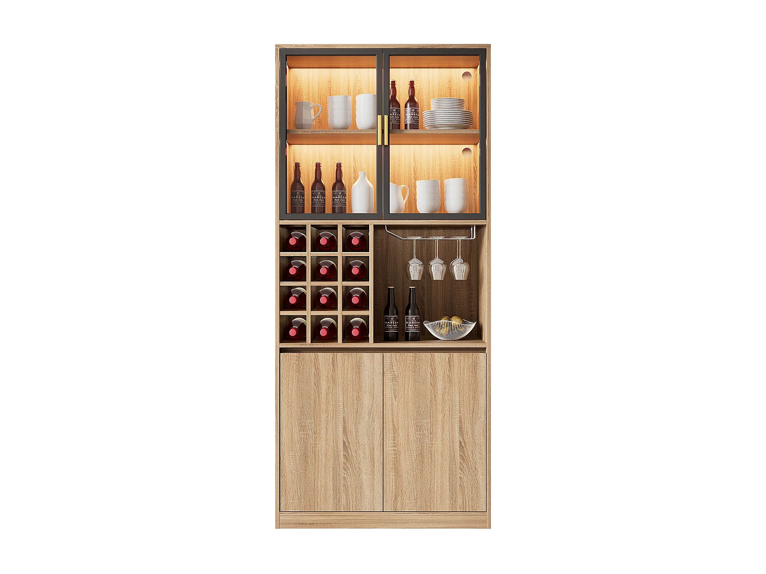Vitrine 80x40x180 cm met LED - 4 deuren en open planken - Natuur