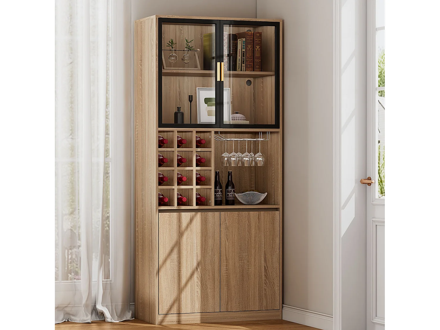 Vitrine 80x40x180 cm mit LED - 4 Türen und offenen Regalen - Natur