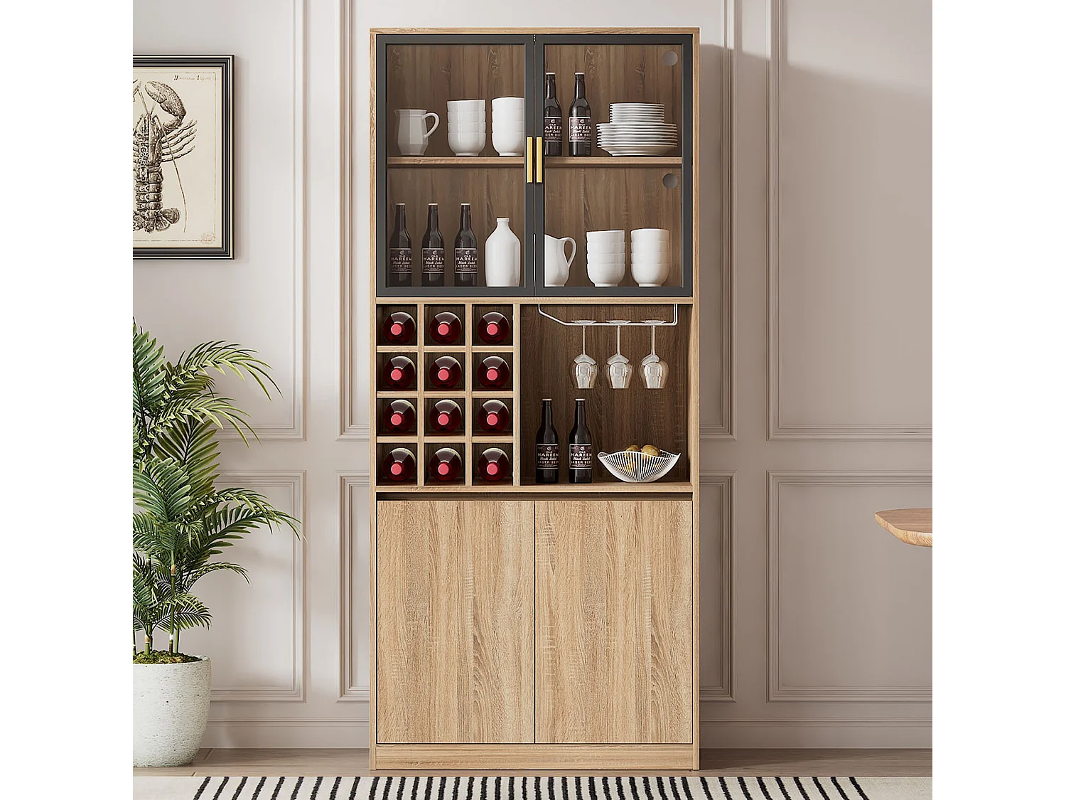 Vitrine 80x40x180 cm mit LED - 4 Türen und offenen Regalen - Natur