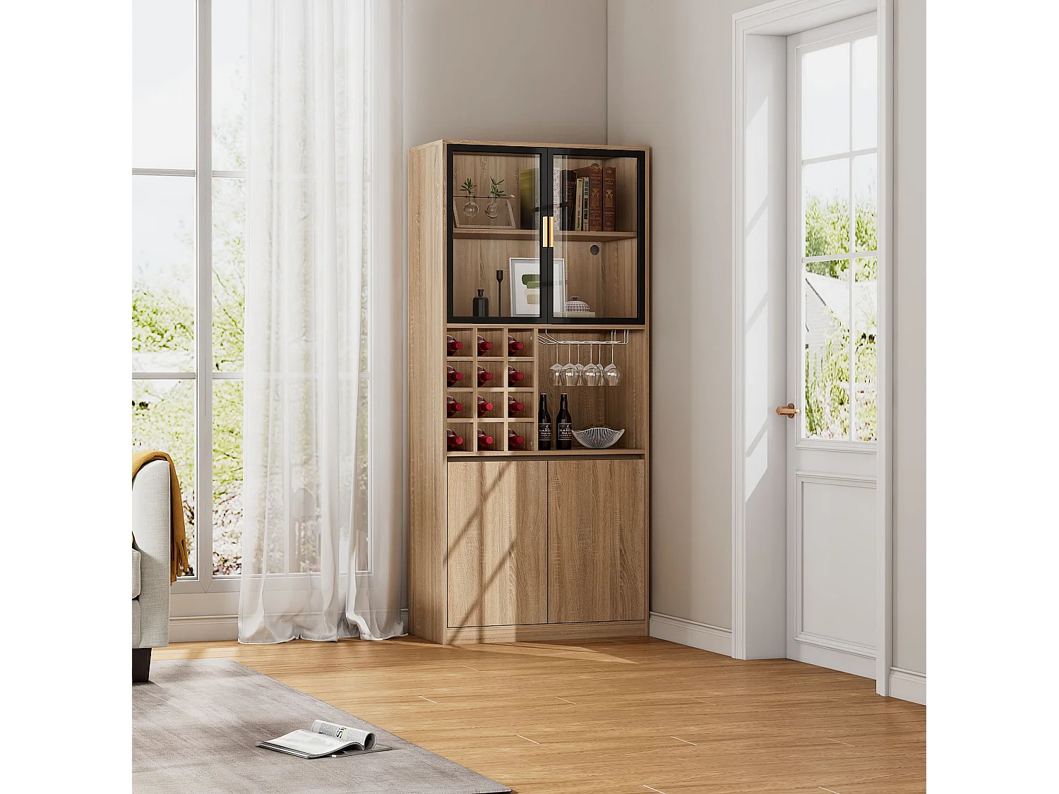 Vitrine 80x40x180 cm mit LED - 4 Türen und offenen Regalen - Natur