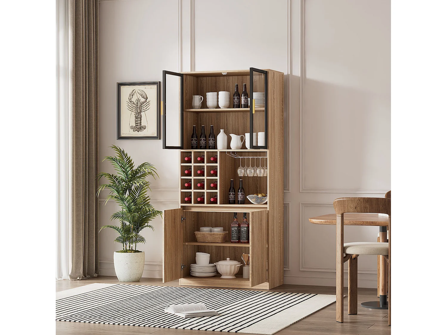 Vitrine 80x40x180 cm mit LED - 4 Türen und offenen Regalen - Natur