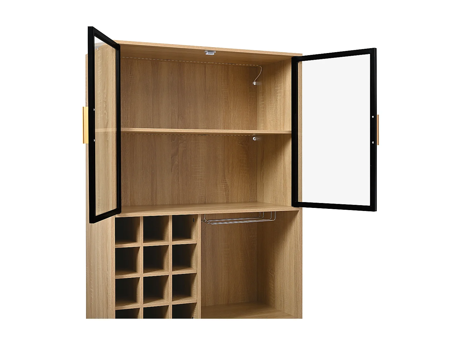 Vitrine 80x40x180 cm mit LED - 4 Türen und offenen Regalen - Natur