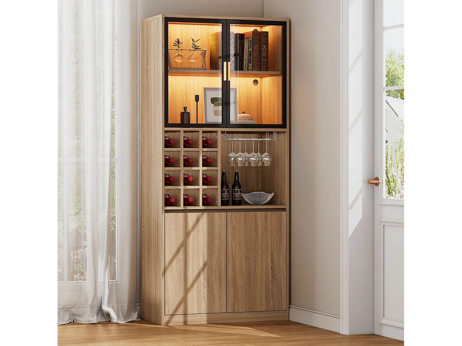 Vitrine 80x40x180 cm mit LED - 4 Türen und offenen Regalen - Natur