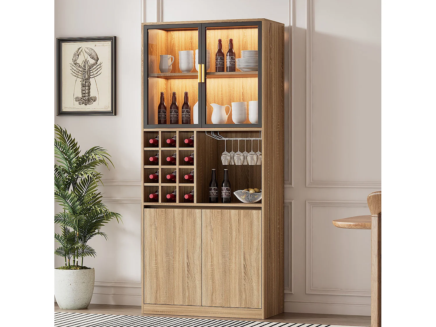Vitrine 80x40x180 cm mit LED - 4 Türen und offenen Regalen - Natur