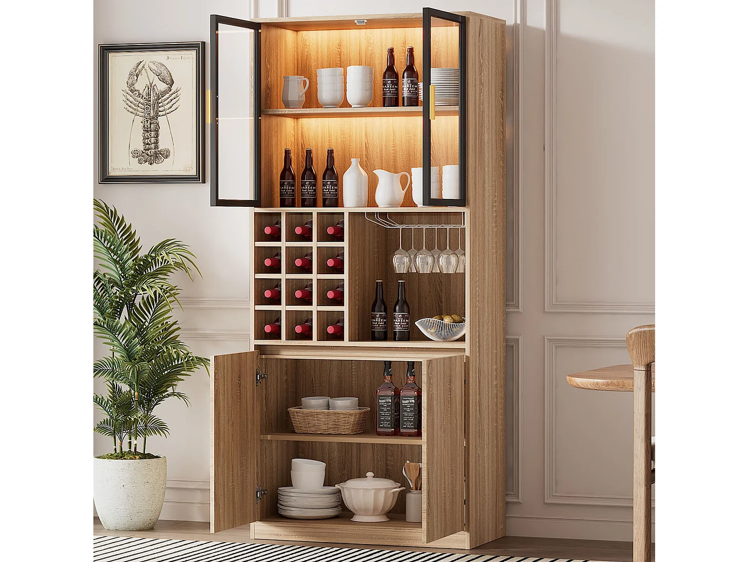 Vitrine 80x40x180 cm mit LED - 4 Türen und offenen Regalen - Natur