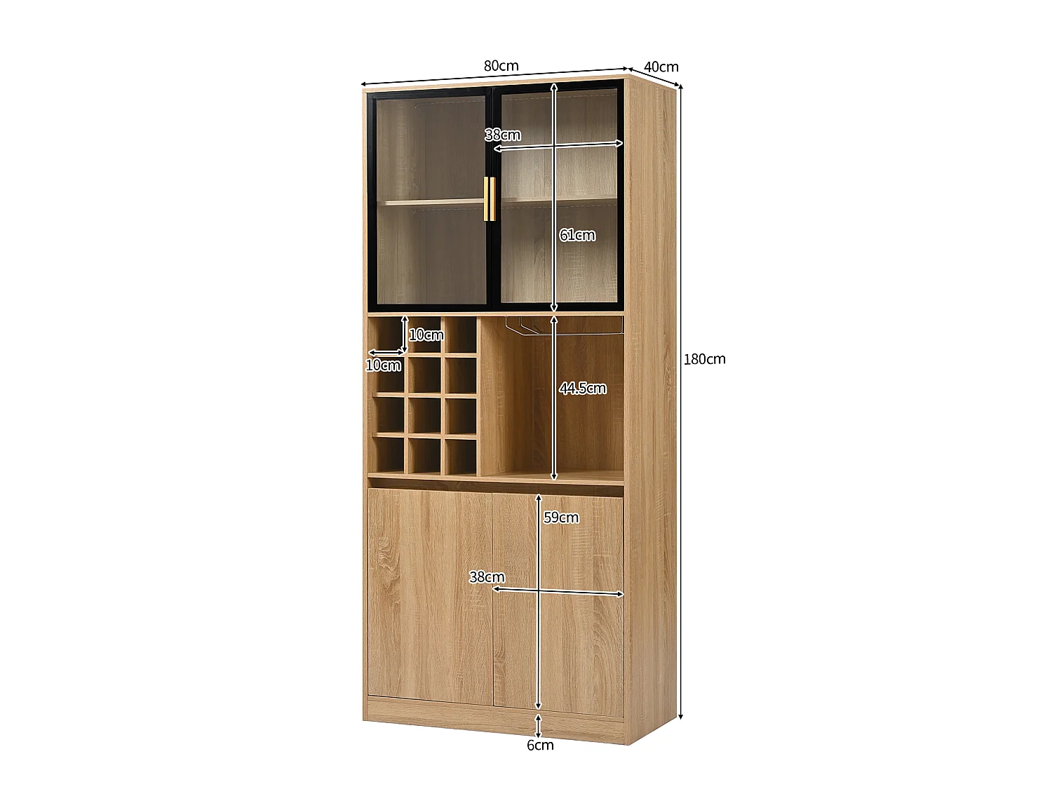 Vitrine 80x40x180 cm mit LED - 4 Türen und offenen Regalen - Natur