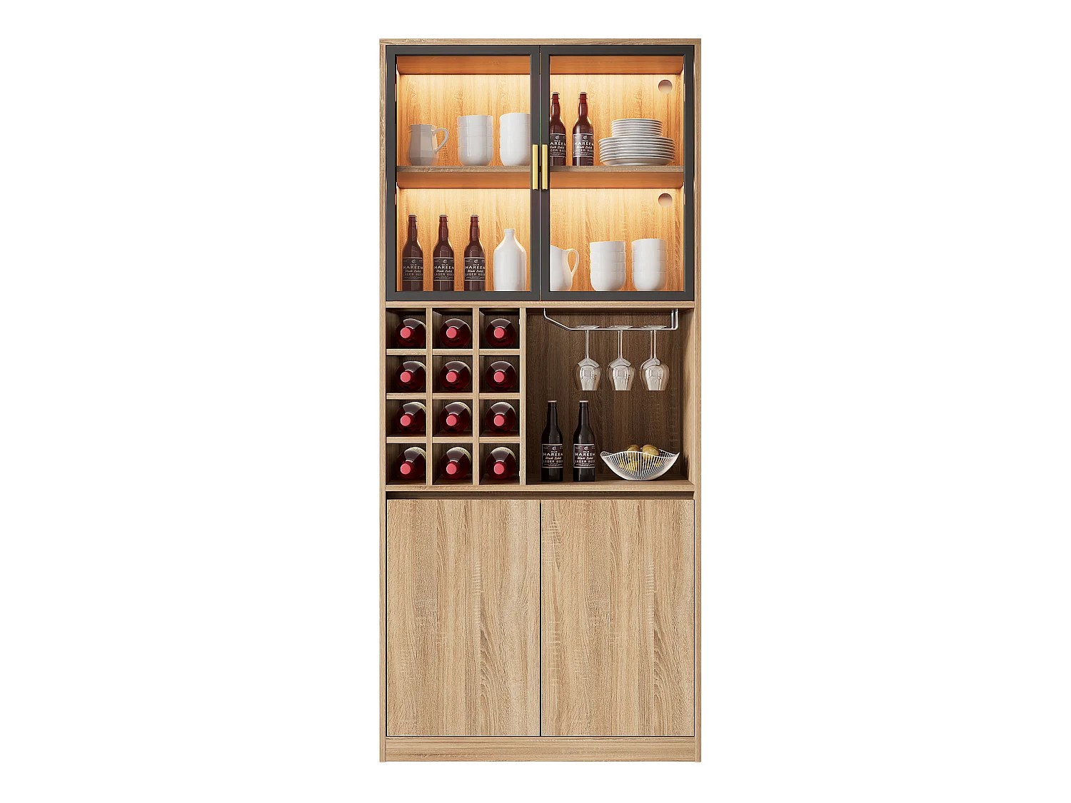 Vitrine 80x40x180 cm mit LED - 4 Türen und offenen Regalen - Natur