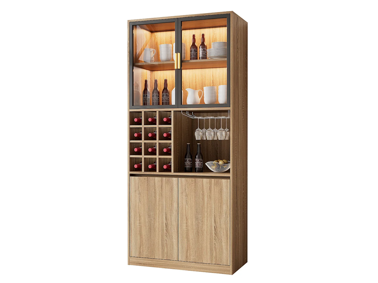 Vitrine 80x40x180 cm mit LED - 4 Türen und offenen Regalen - Natur