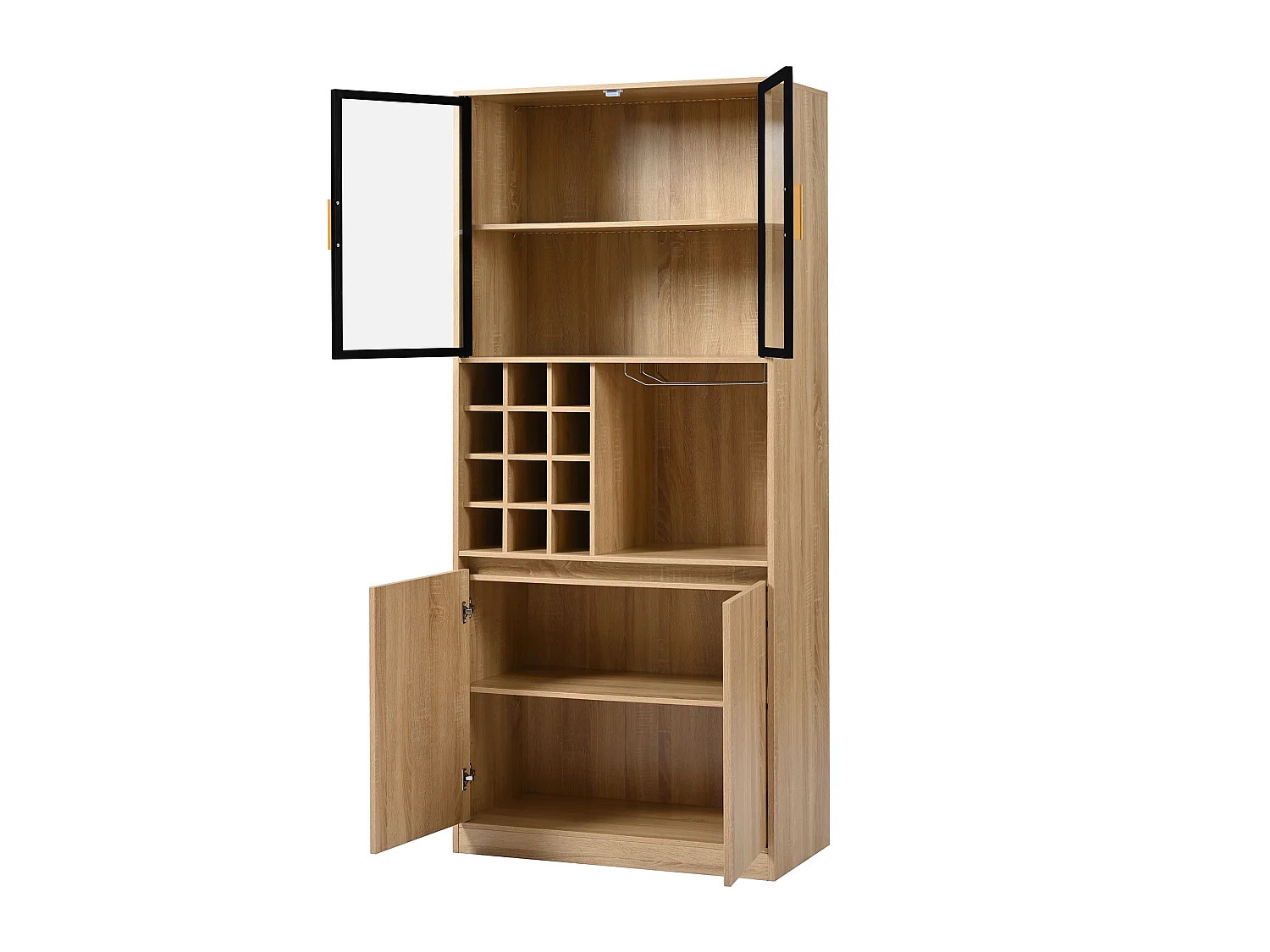 Vitrine 80x40x180 cm mit LED - 4 Türen und offenen Regalen - Natur