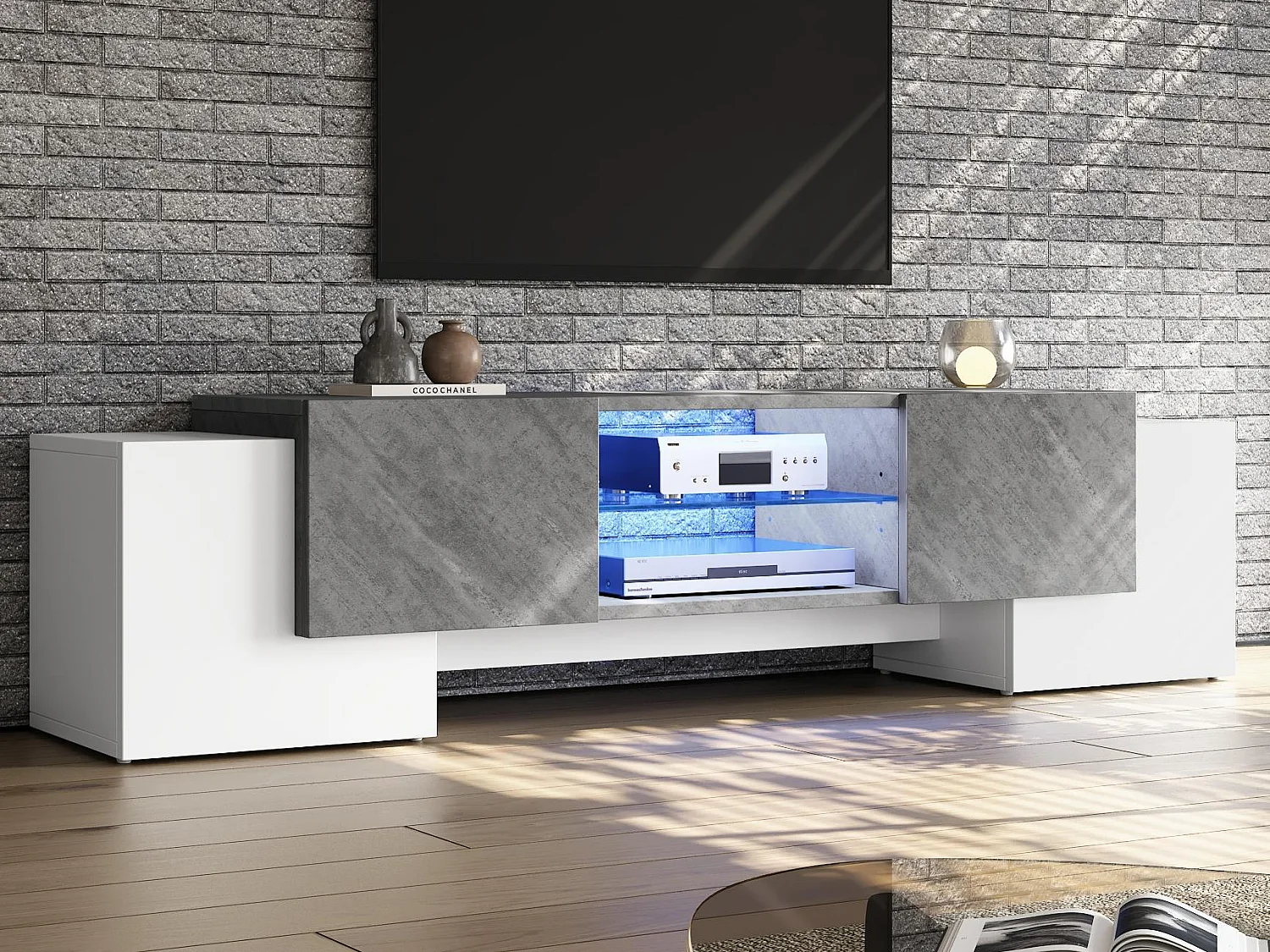 TV-meubel - met 4 deuren - met LED-verlichting - voor televisies 80/75/70/65/55 inch - wit + grijs