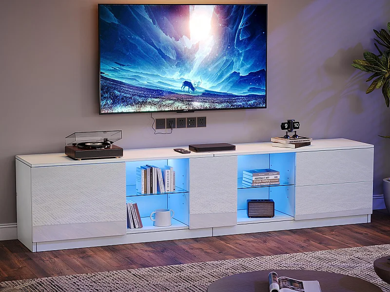 Meuble TV 160x40x52cm - haute brillance - avec LED - adaptés aux téléviseurs 65 - avec 2 tiroirs et 1 porte - Blanc