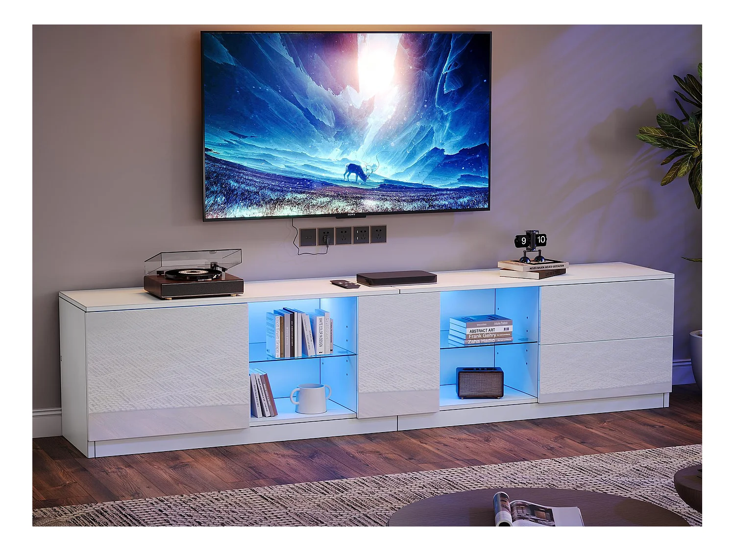 Meuble TV 160x40x52cm - haute brillance - avec LED - adaptés aux téléviseurs 65 - avec 2 tiroirs et 1 porte - Blanc