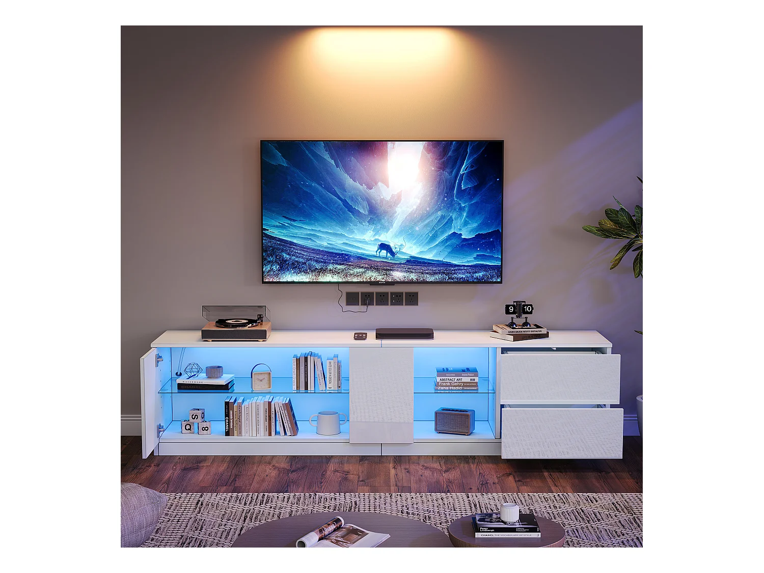 Meuble TV 160x40x52cm - haute brillance - avec LED - adaptés aux téléviseurs 65 - avec 2 tiroirs et 1 porte - Blanc