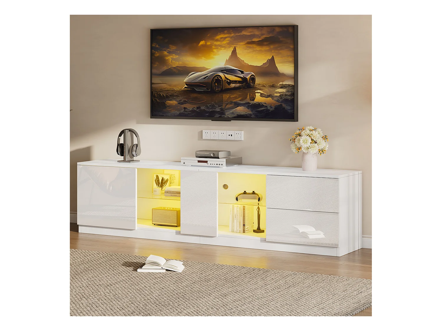 Meuble TV 160x40x52cm - haute brillance - avec LED - adaptés aux téléviseurs 65 - avec 2 tiroirs et 1 porte - Blanc