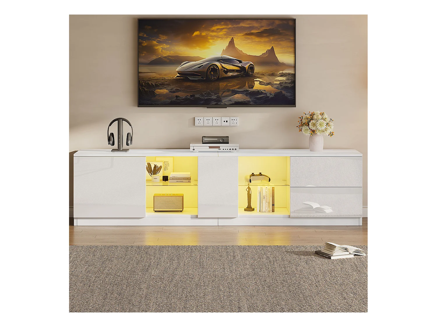 Meuble TV 160x40x52cm - haute brillance - avec LED - adaptés aux téléviseurs 65 - avec 2 tiroirs et 1 porte - Blanc