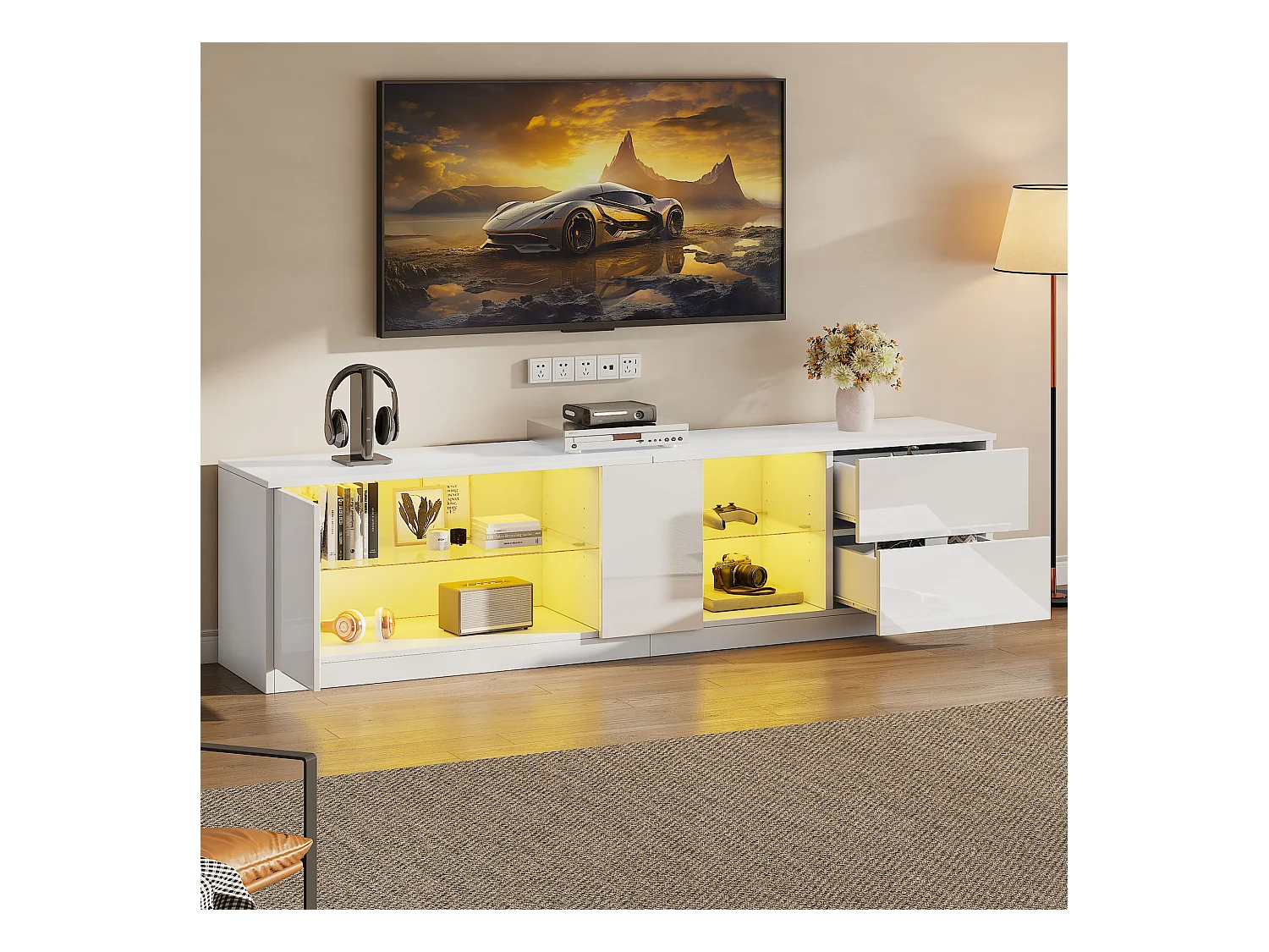 Meuble TV 160x40x52cm - haute brillance - avec LED - adaptés aux téléviseurs 65 - avec 2 tiroirs et 1 porte - Blanc