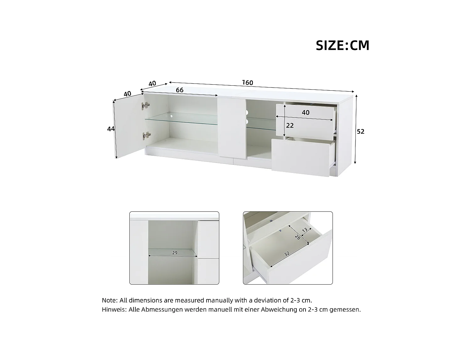 Meuble TV 160x40x52cm - haute brillance - avec LED - adaptés aux téléviseurs 65 - avec 2 tiroirs et 1 porte - Blanc