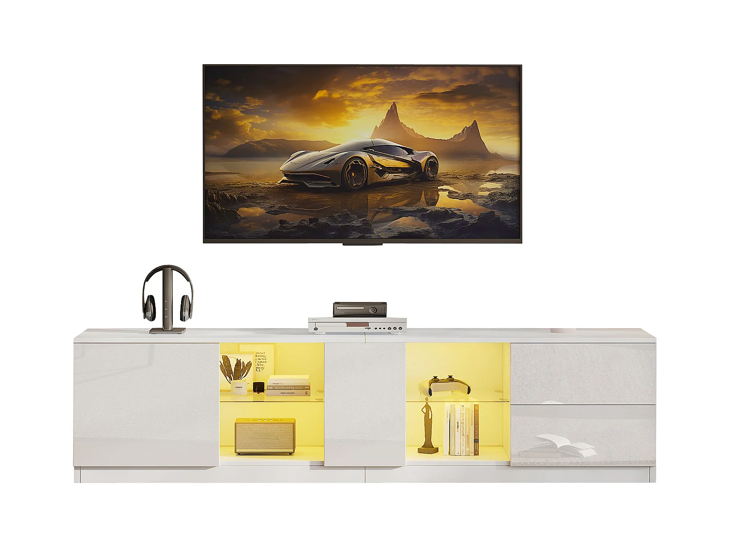 Meuble TV 160x40x52cm - haute brillance - avec LED - adaptés aux téléviseurs 65 - avec 2 tiroirs et 1 porte - Blanc