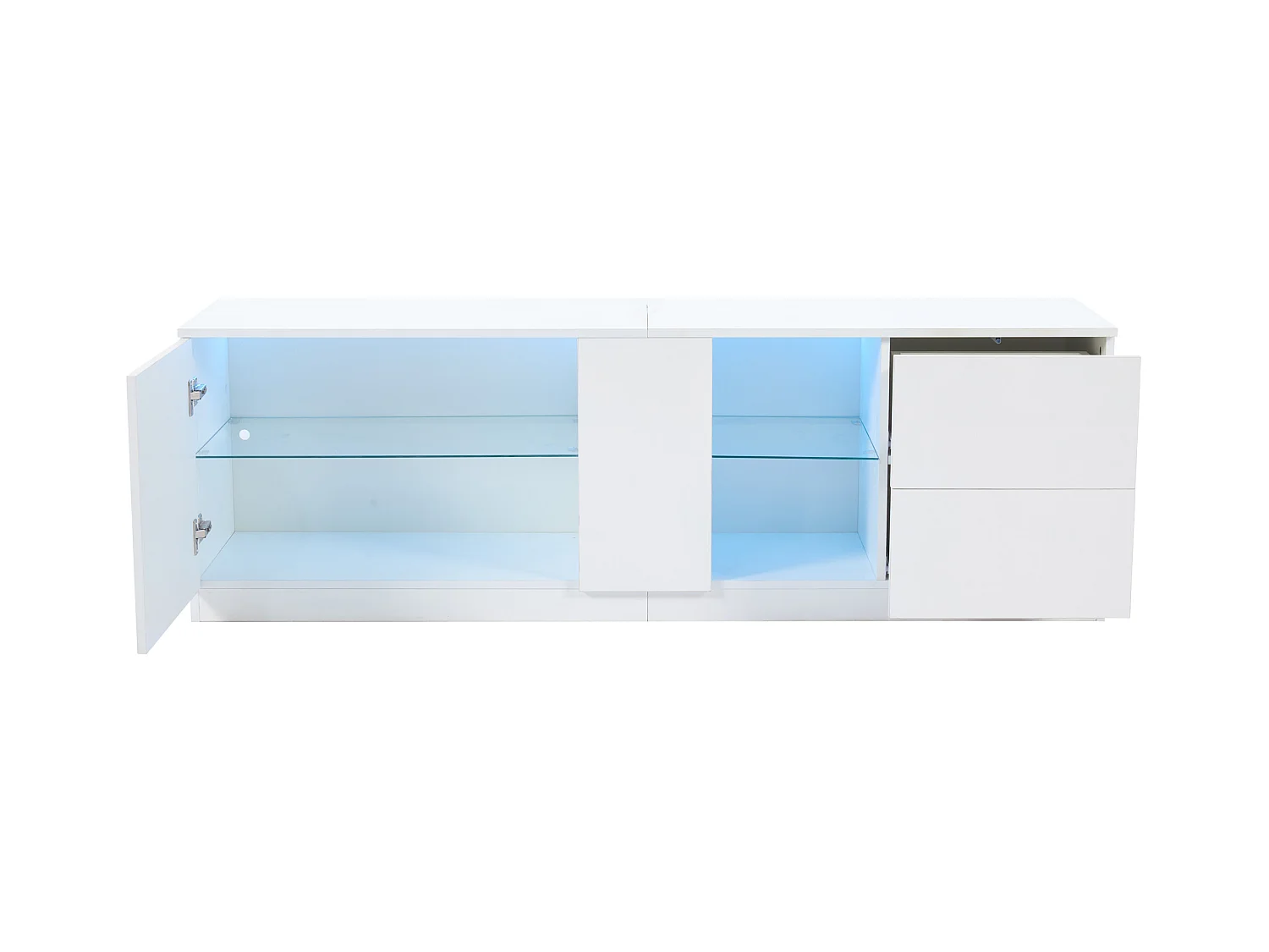 Meuble TV 160x40x52cm - haute brillance - avec LED - adaptés aux téléviseurs 65 - avec 2 tiroirs et 1 porte - Blanc