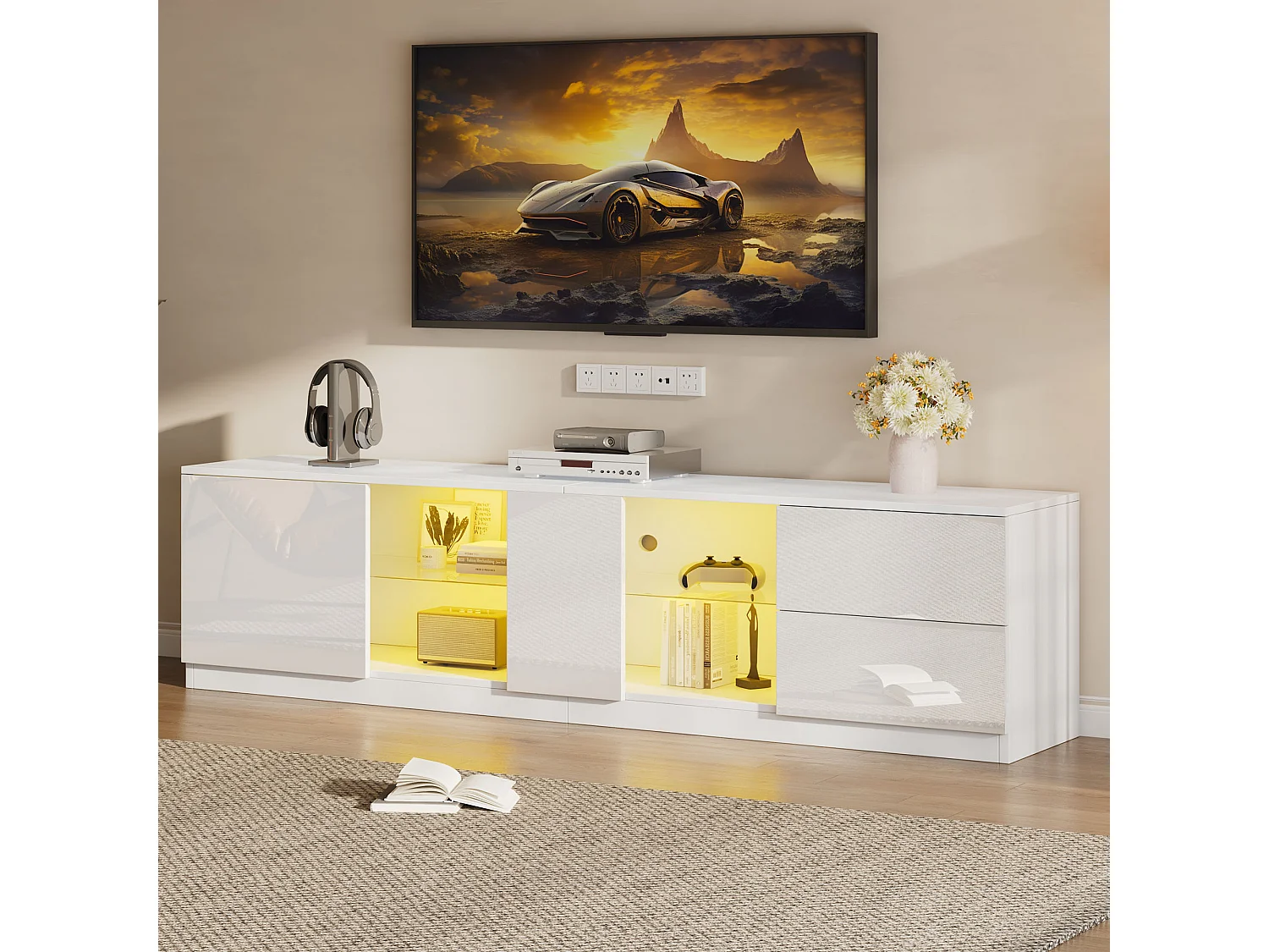 Mobile TV 160x40x52 cm - alta lucentezza - con LED - adatto per televisori da 65" - con 2 cassetti e 1 anta - Bianco