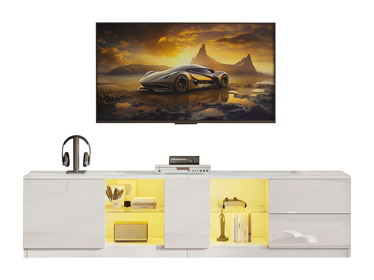 Mobile TV 160x40x52 cm - alta lucentezza - con LED - adatto per televisori da 65" - con 2 cassetti e 1 anta - Bianco